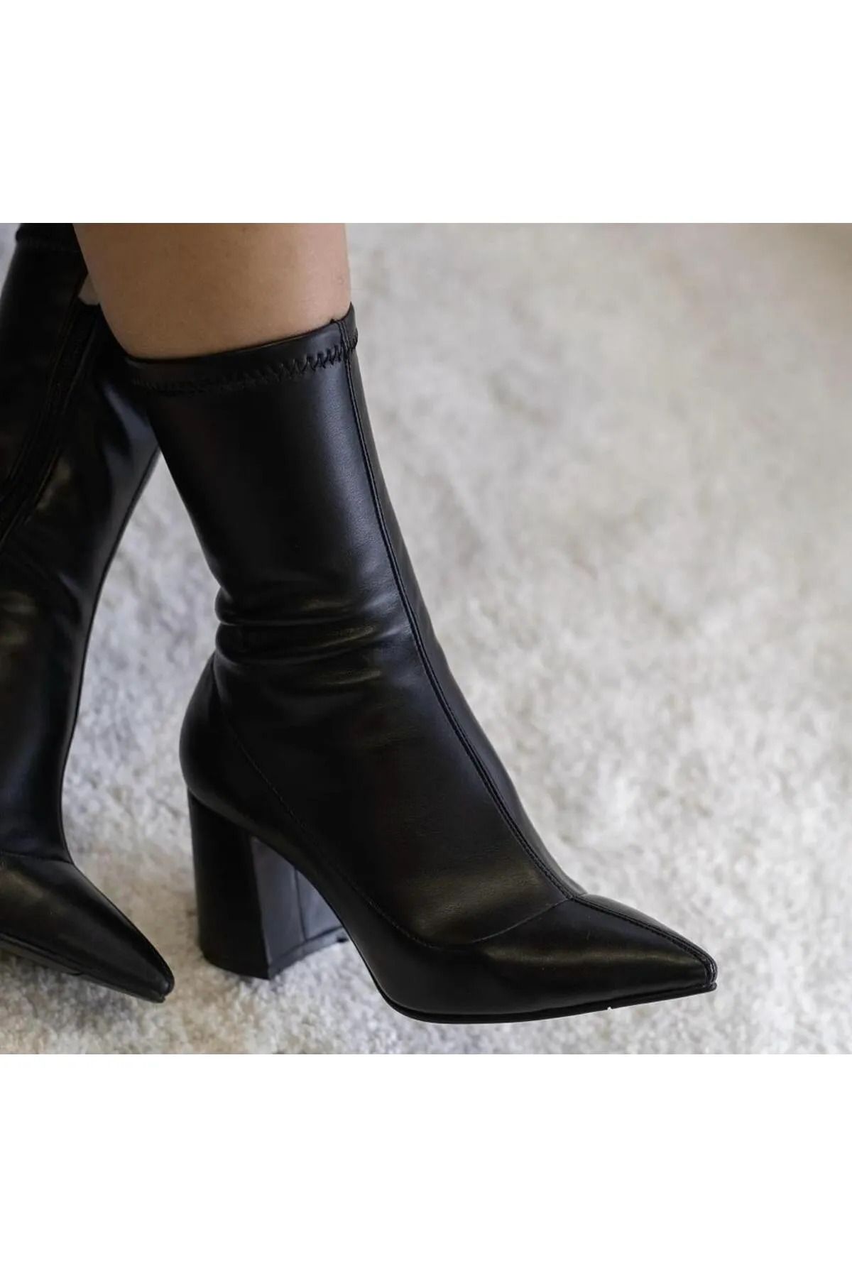 bottes à talons épais en cuir extensible noir pour femmes avec fermeture à glissière
