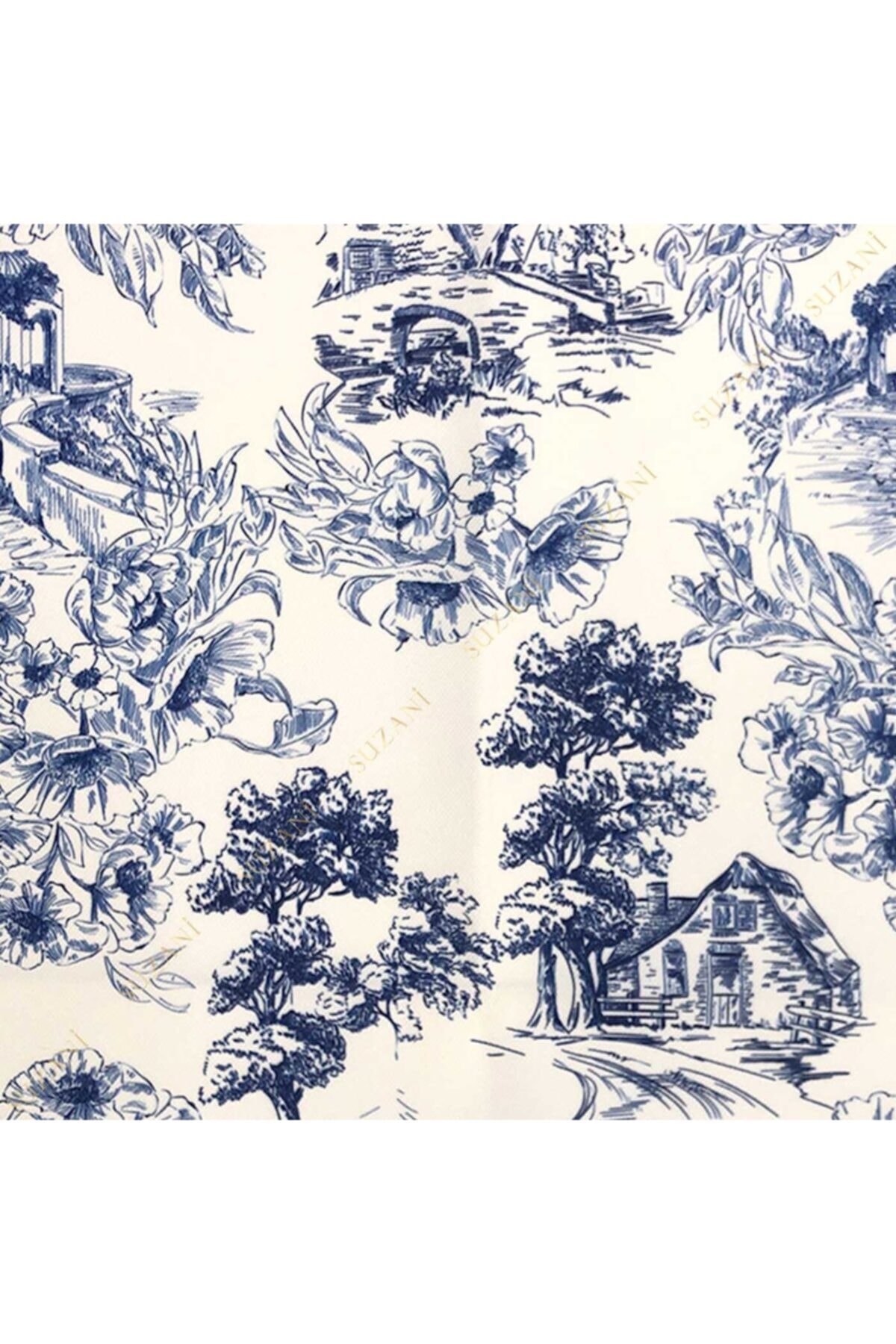 SUZANİ Toile De Jouy Stil Kır Evleri Desenli Dijital Baskılı Kumaş Lacivert Kms-1034 fotoğrafı 3 (önizleme)