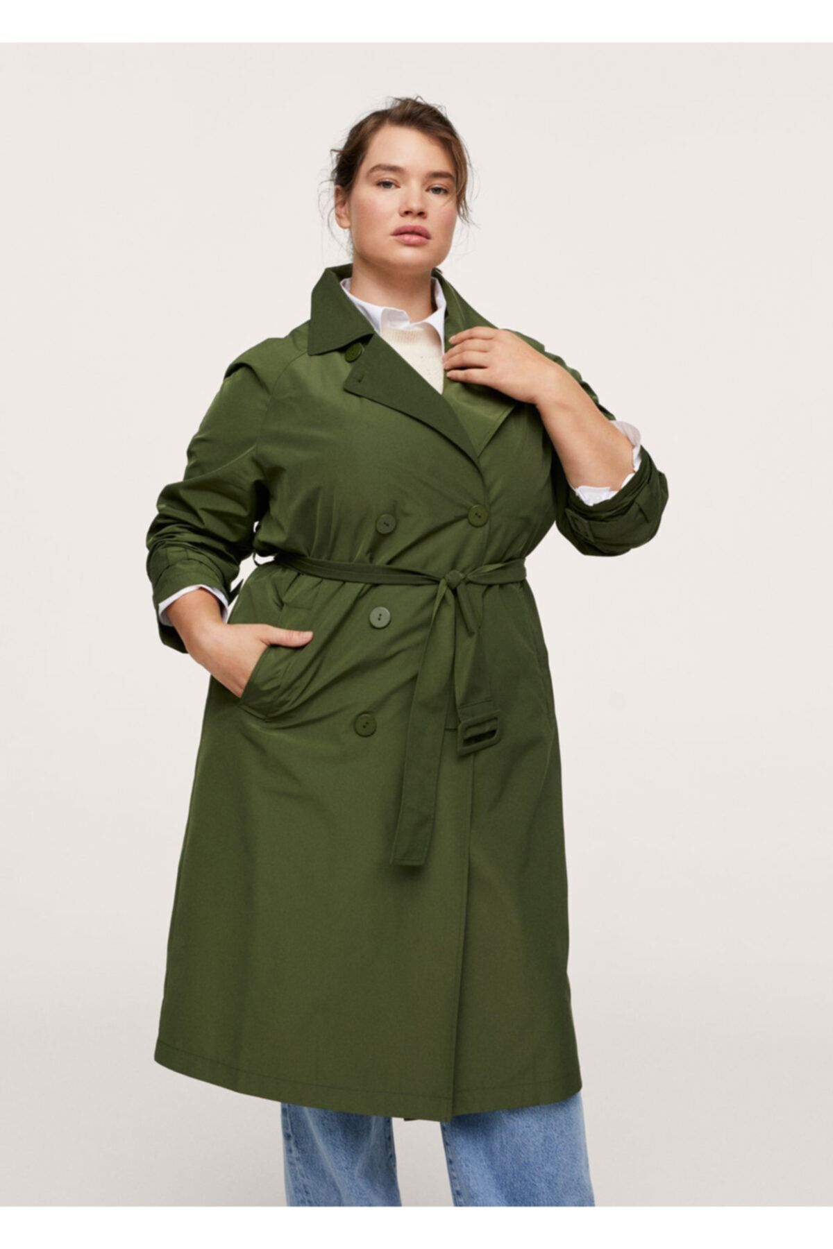 ترنچ کت منگو زنانه مدل کلاسیک رنگ سبز سایز بزرگ شیک Mango
