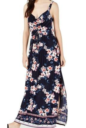 Kadın Lacivert Çiçek Desenli Ip Askılı Maxi Elbise ELB-P264