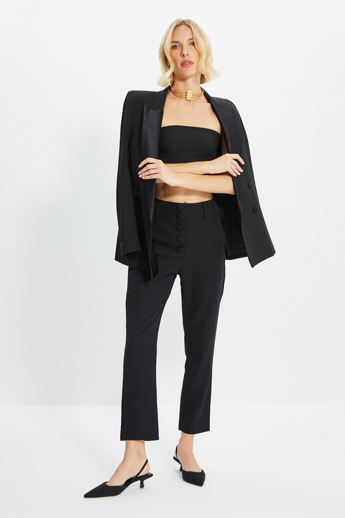 Trendyol Collection-Pantaloni negri țesuți cu picioare largi TWOSS19WX0086 7