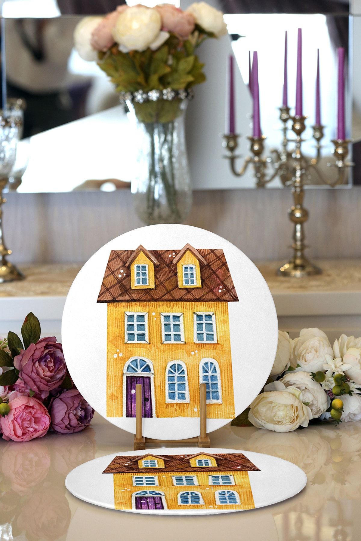Realhomes Încărcător Rotund Decorativ Decorativ, 2 Bucăți, Desen Cu Desen De Case Galbene, Imprimat Digital - One Size