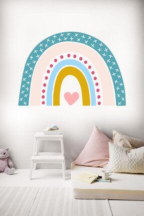 Çocuk Odası Duvar Sticker - Iskandinav Stil Kalpli Gökkuşağı Gökkuşağı arcodu000000146