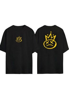 Unisex Siyah Smile Baskılı Oversize T-shirt 54DTHH54V5