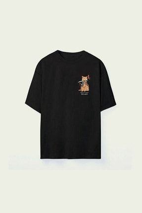 Unisex Samuray Cat Baskılı Siyah Oversize Tshirt SMRC1745