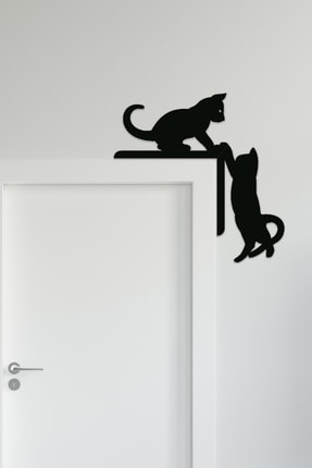 Eğlenceli Kedi Sağ Kapı Lazer Kesim Siyah Duvar Dekorasyon Ürünü GT053