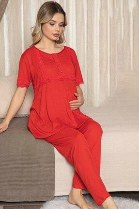 Kadın Kırmızı Renk Lohusa Pijama Takımı Jenika 47202 - Jenika 2 Li Kadın Hamile Pijaması JNK47202