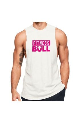 Beyaz Erkek Regular Fit -pink Fitness Bull- Baskılı Bisiklet Yaka Kolsuz T-shirt BLCK160826