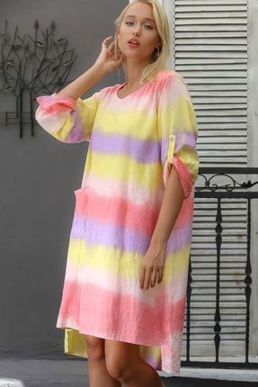 Kadın Sarı İtalyan Çizgi Blok Desenli Cepli Oversize Dokuma Elbise M10160000EL94391