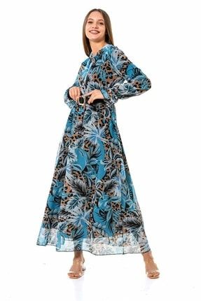 Kadın Çiçek Desenli Maxi Boy Kemerli Şifon Elbise SMQ110226