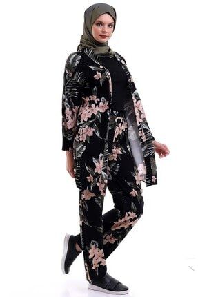 Çiçek Desenli Geniş Kol Kimono Bol Paça Cepli Pantolon Tesettür Takım ARYA-0118Siyah-Pudra