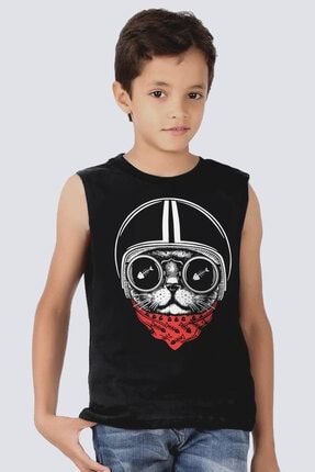 Erkek Çocuk Siyah Kasklı Kedi Kesik Kol | Kolsuz T-shirt | Atlet 1M1SB399FS