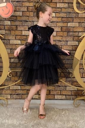 Siyah Pulpayet Düğün Kız Çocuk Elbise Doğum Günü Elbise aden01syh001