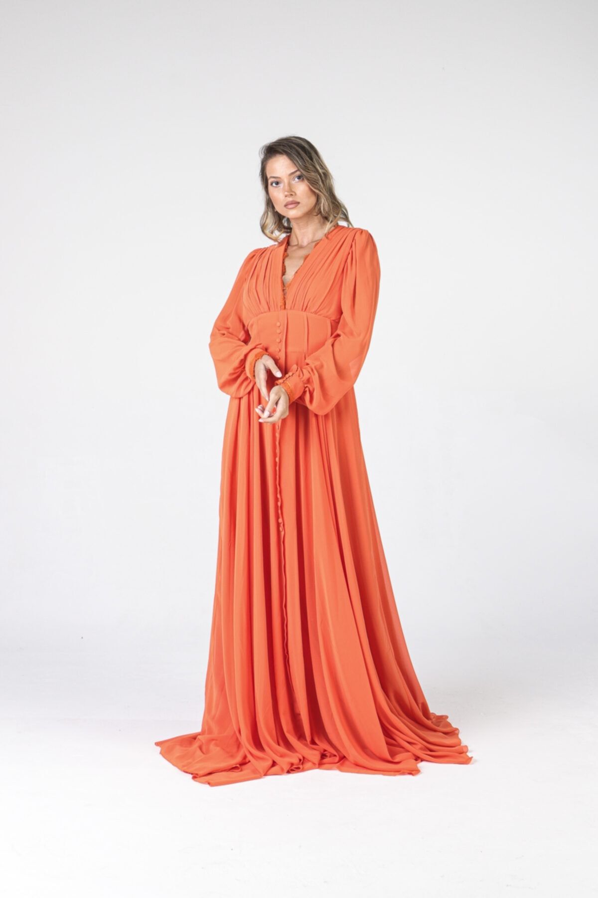 ALİS DRESS-Orange Chiffon Evening Dress - Long Sleeves and Buttons 3