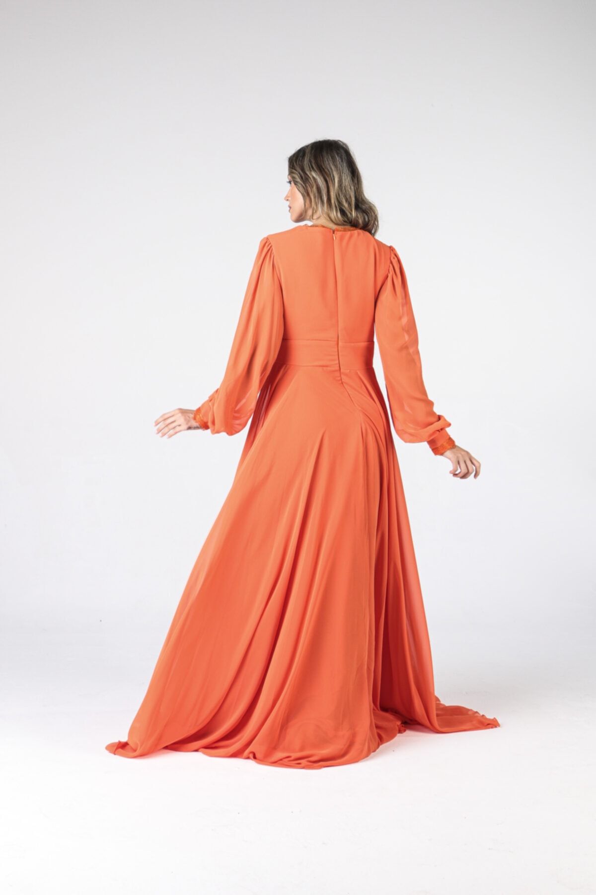 ALİS DRESS-Orange Chiffon Evening Dress - Long Sleeves and Buttons 4