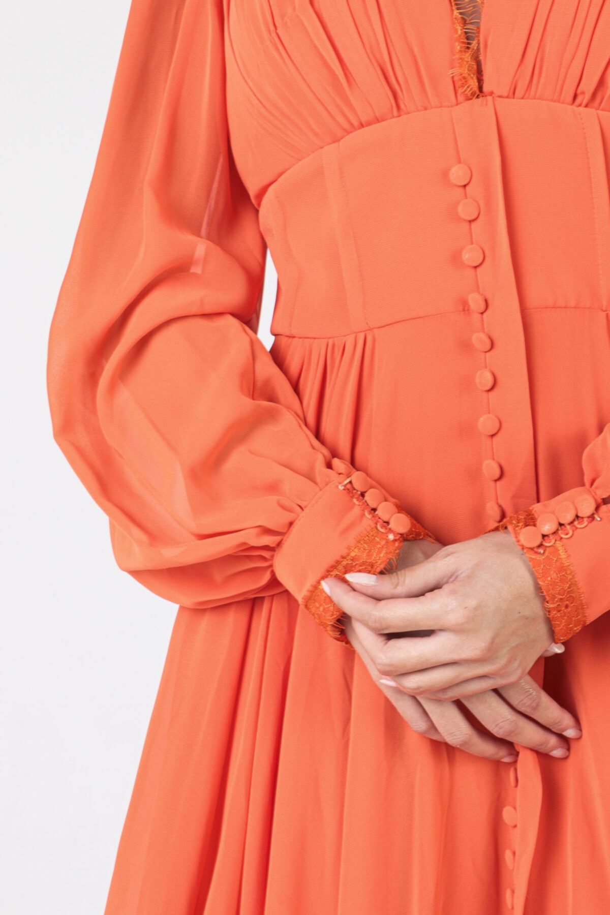 ALİS DRESS-Orange Chiffon Evening Dress - Long Sleeves and Buttons 6