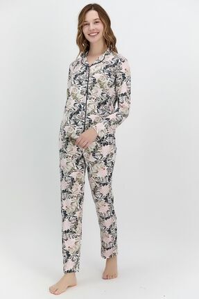 Yaprak Desenli Toz Pembe Kadın Gömlek Pijama Takımı PC8043-S