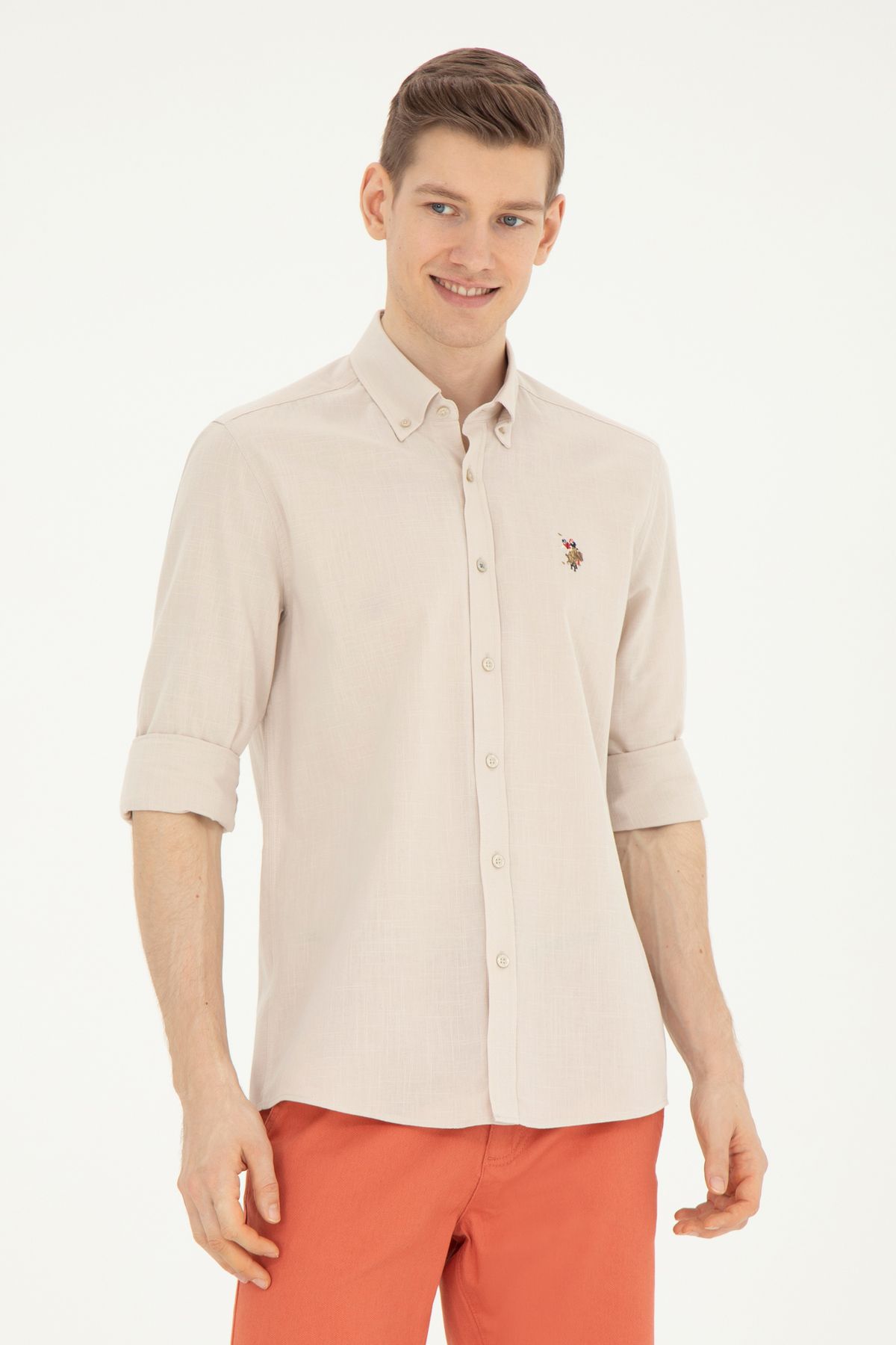 U.S. Polo Assn.-Ανδρικό πέτρινο μακρυμάνικο πουκάμισο Basic 50282588 -VR049 3