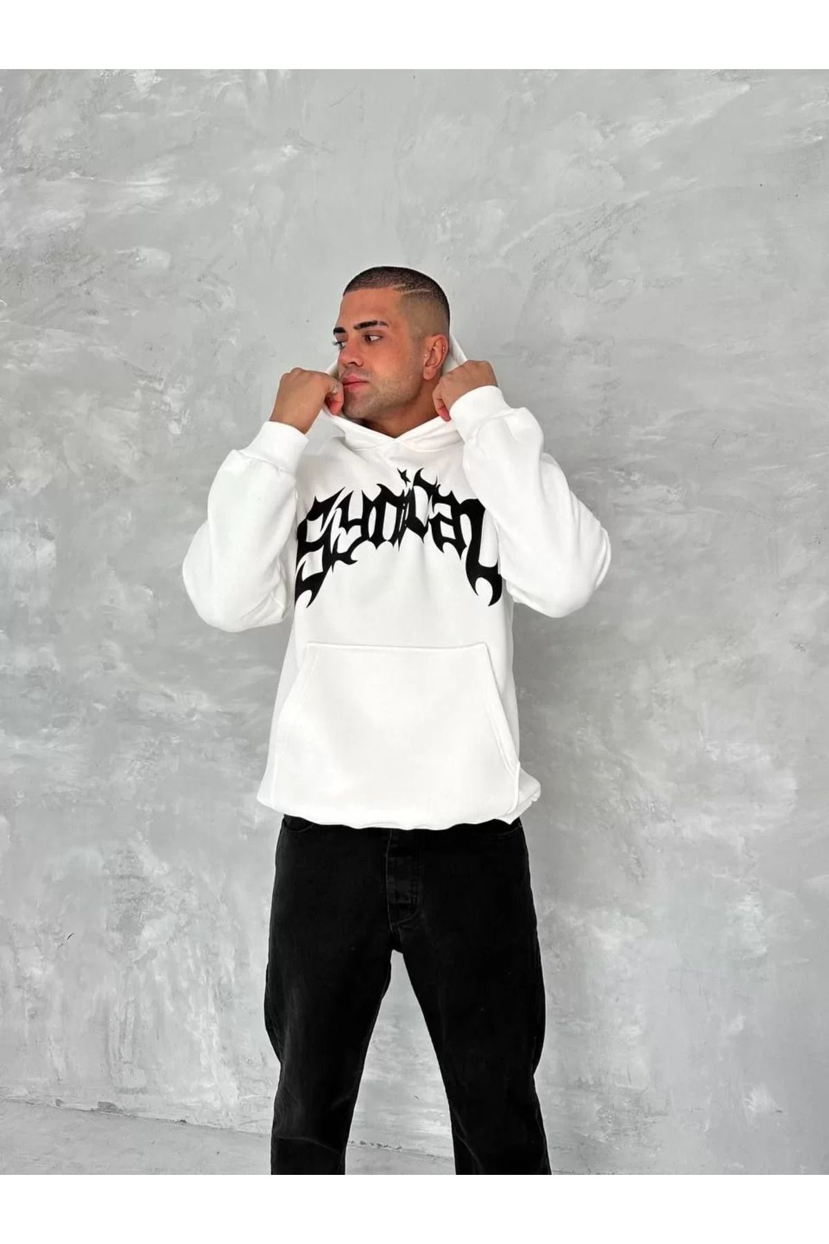 SA Alişveriş Dünyam Unisex Üç İplik Kapüşonlu Baskılı SweatShirt - Beyaz