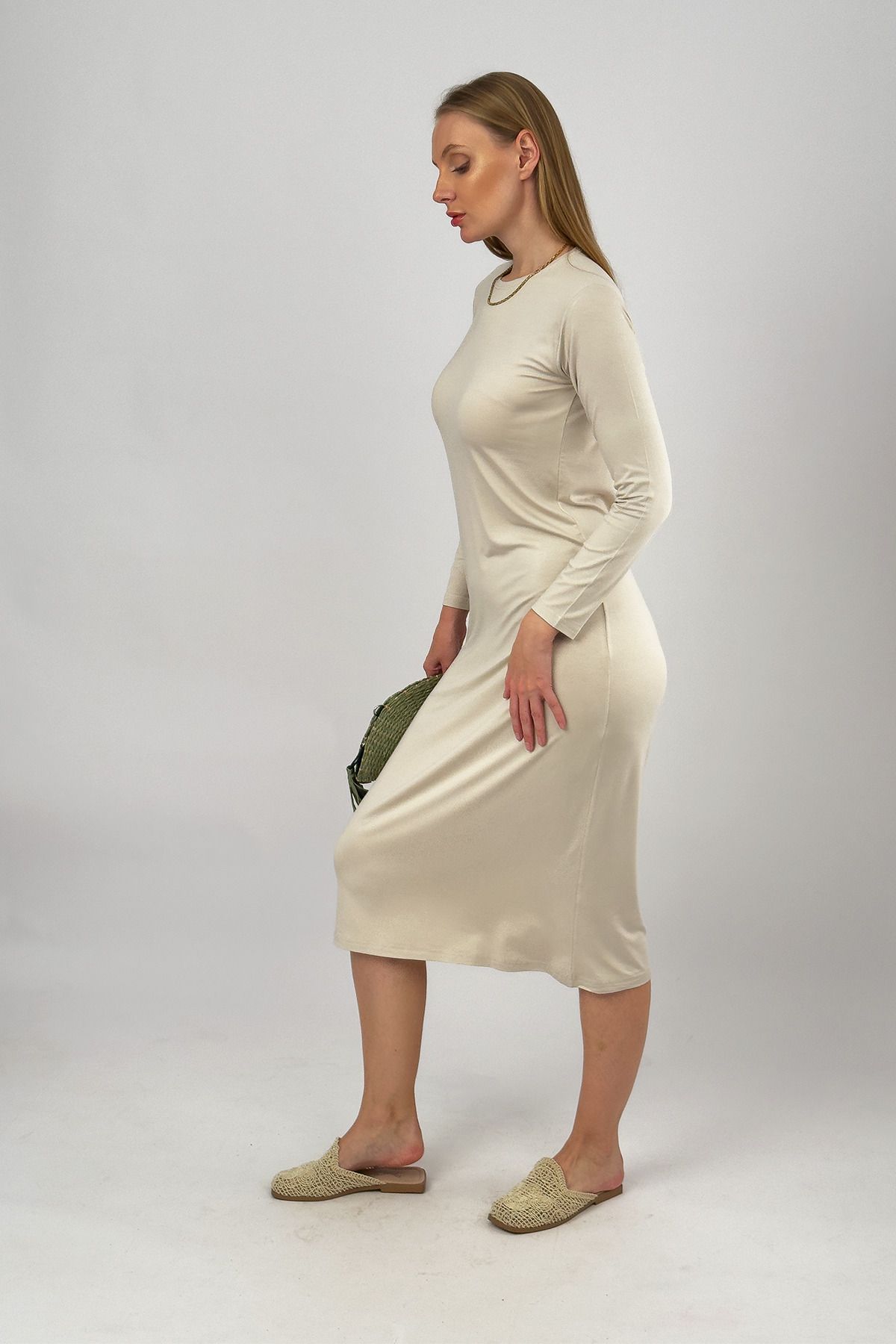 Betimoda-Beige Colored Viscose Midi Dress - Long Sleeve, Crew Neck 4