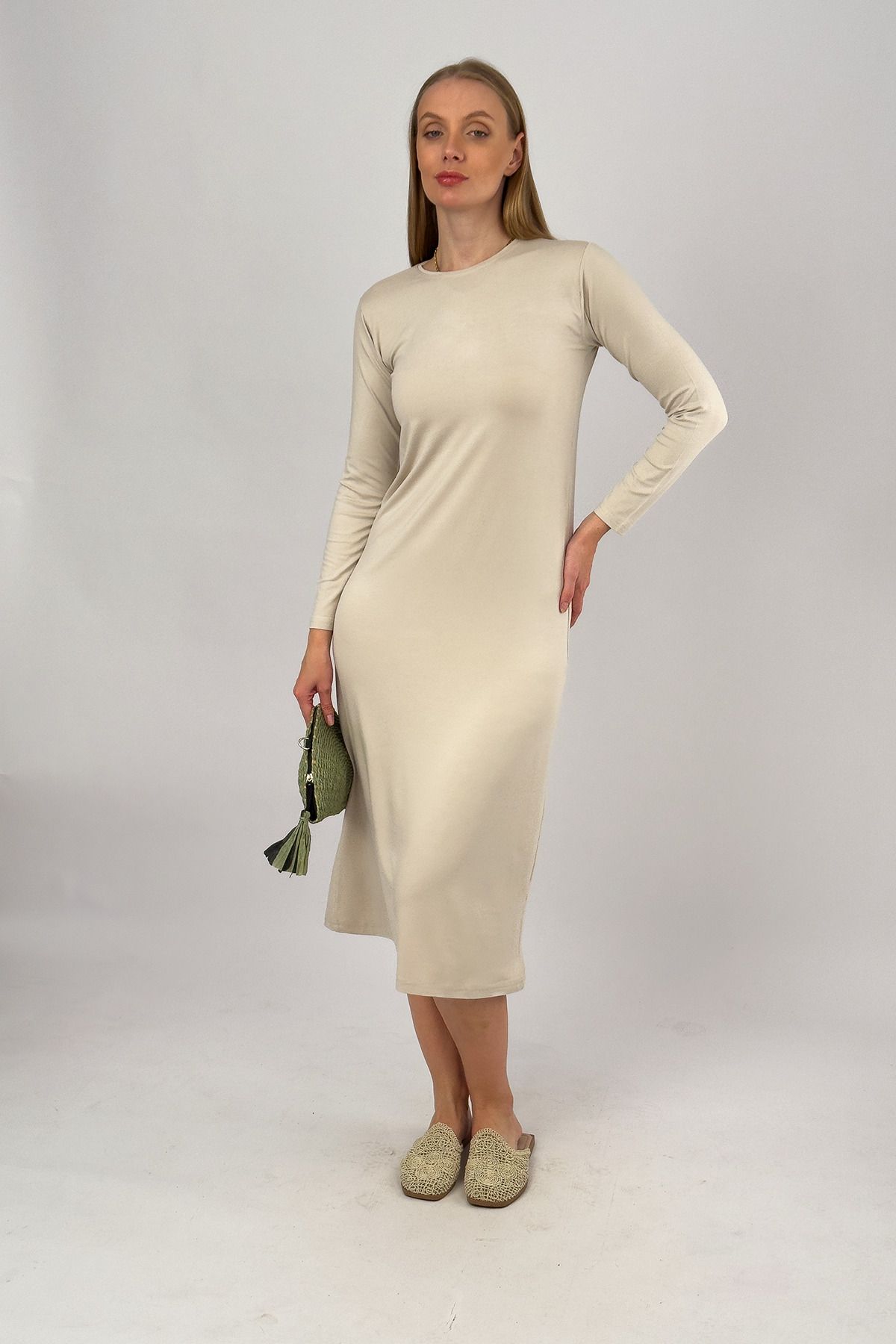 Betimoda-Beige Colored Viscose Midi Dress - Long Sleeve, Crew Neck 2