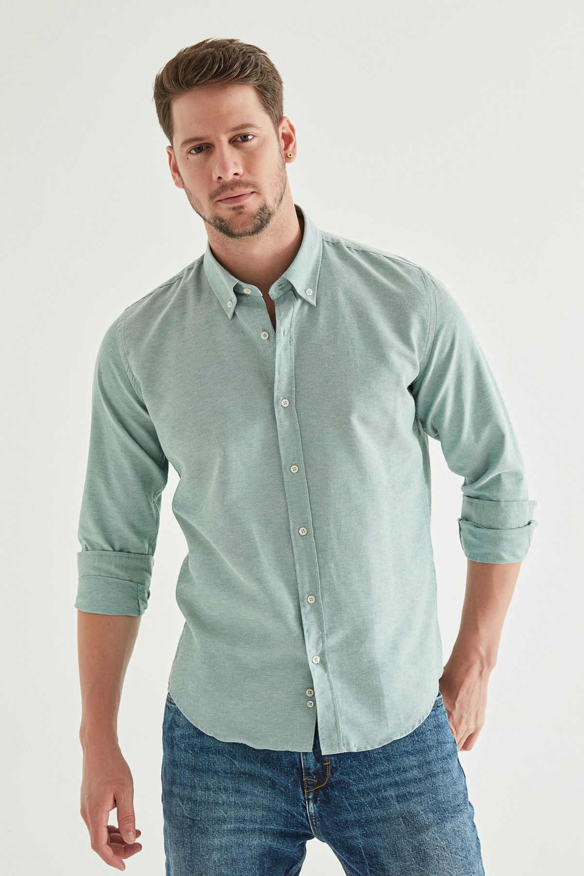 chemise en coton bouton vert slim fit
