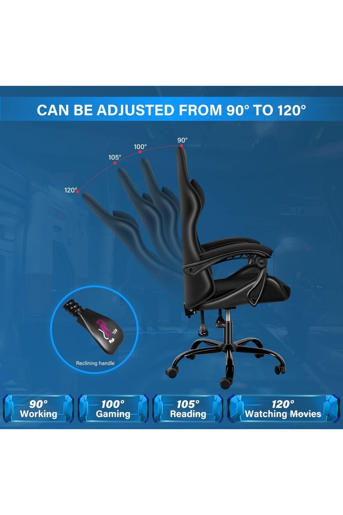 Mahmayi-Gaming Chair Ergonomic Computer Chair, Backrest and Seat Height Adjustable, Chair Black 3