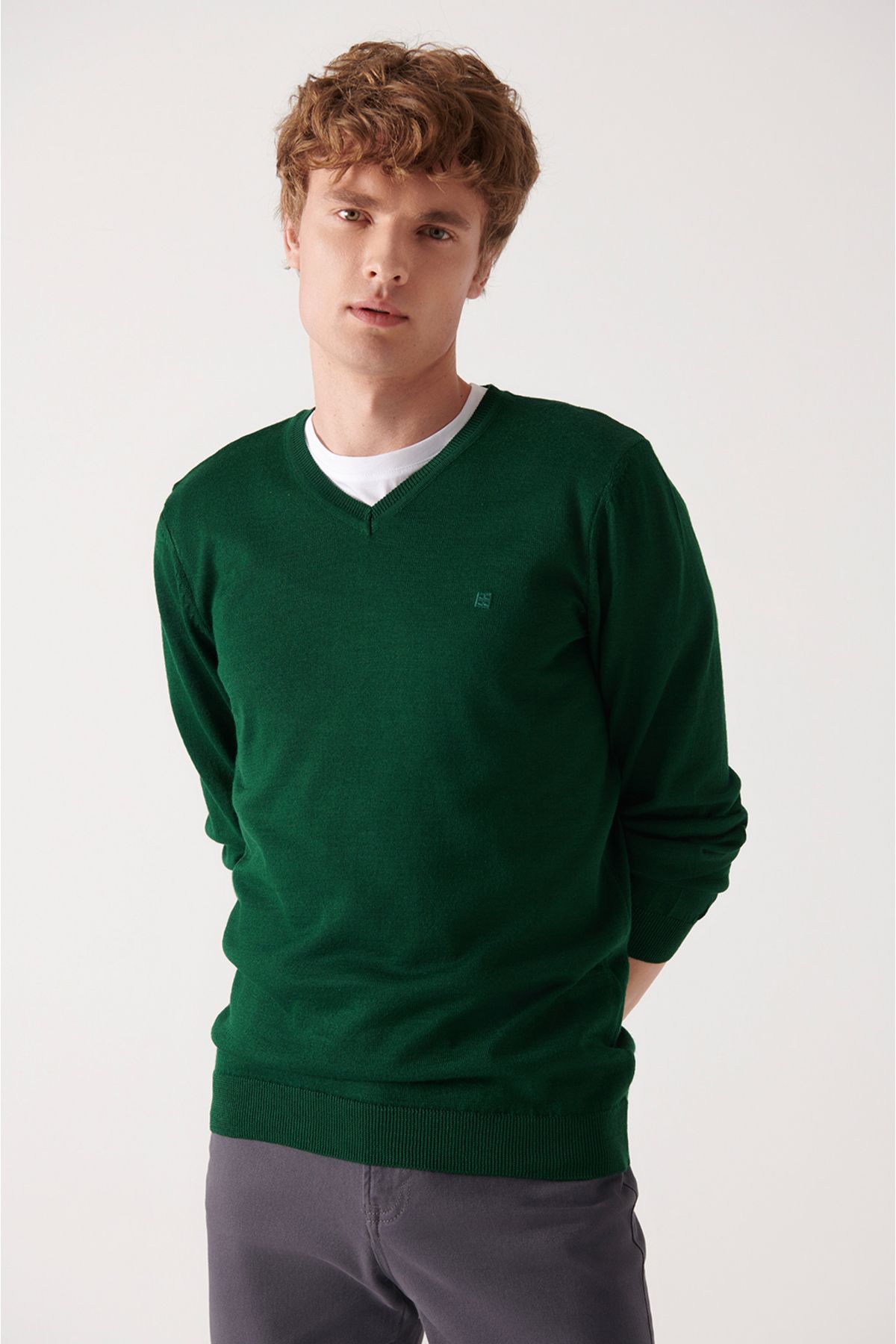 Avva-Men's Green V-Neck Wool Blended Knitwear Sweater E 005016 1