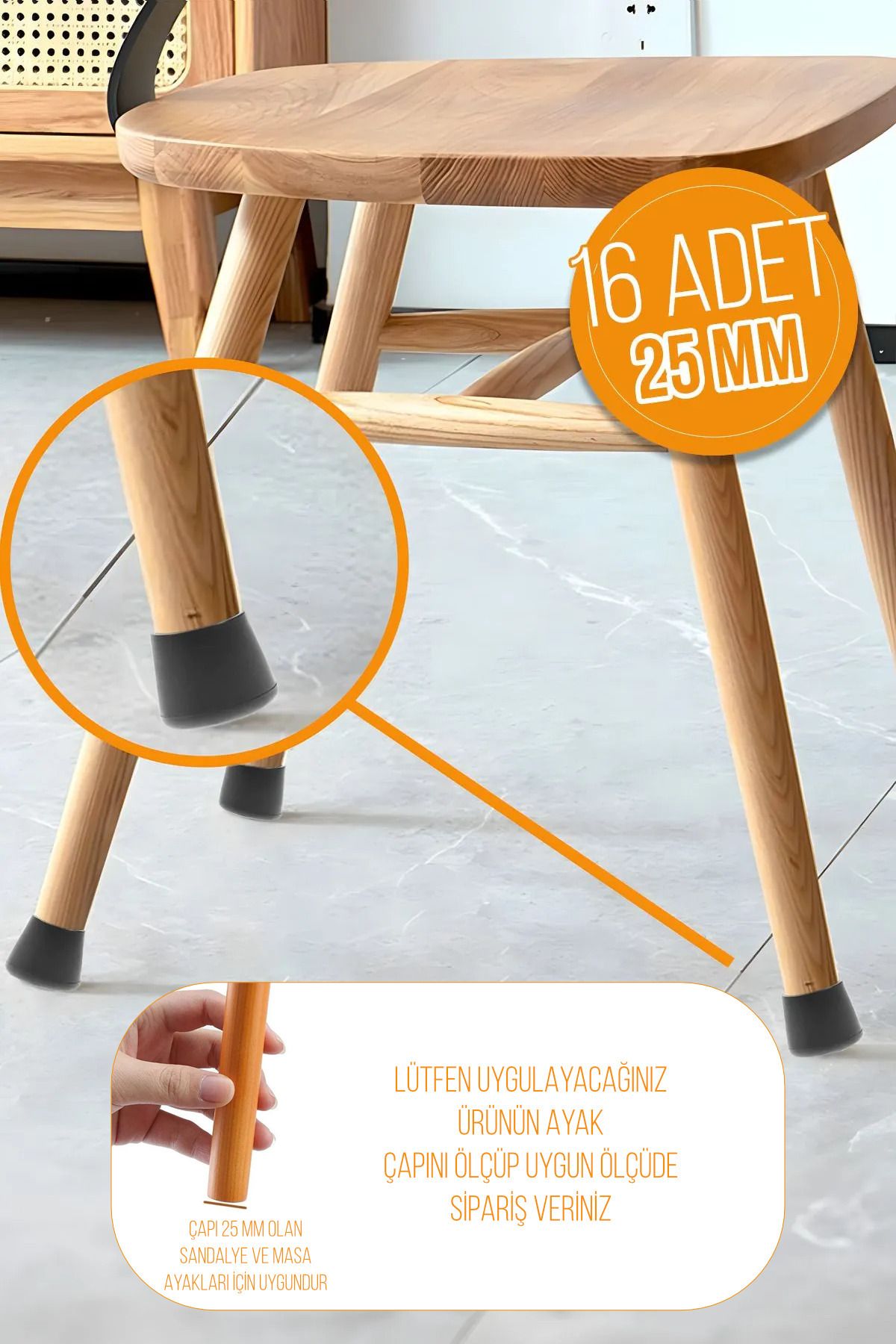 Mikasso 16 Adet Sessiz Tip Sandalye Pabucu Masa Sandalye Zemin Koruyucu 2,5 Cm Siyah Siyah Tekli TR