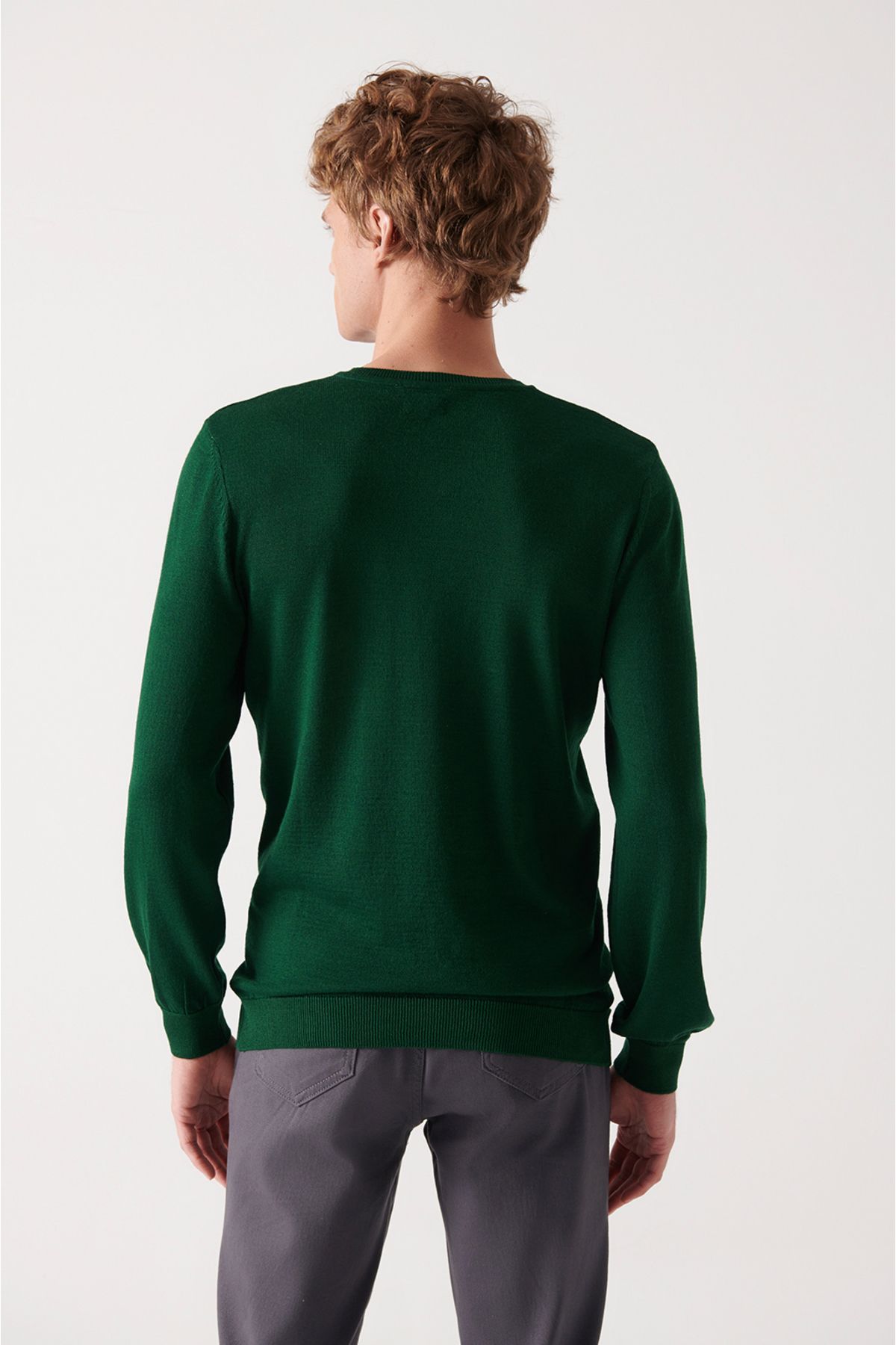 Avva-Men's Green V-Neck Wool Blended Knitwear Sweater E 005016 4