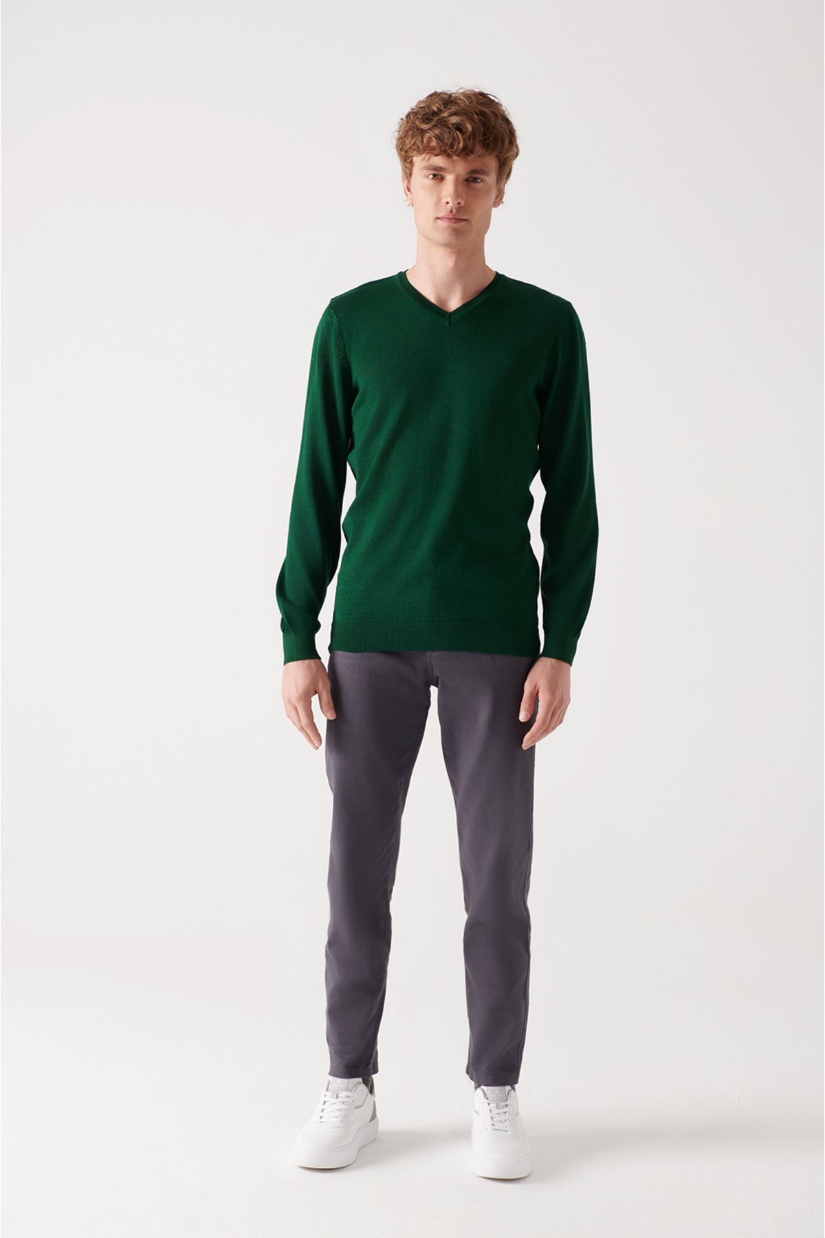 Avva-Men's Green V-Neck Wool Blended Knitwear Sweater E 005016 5