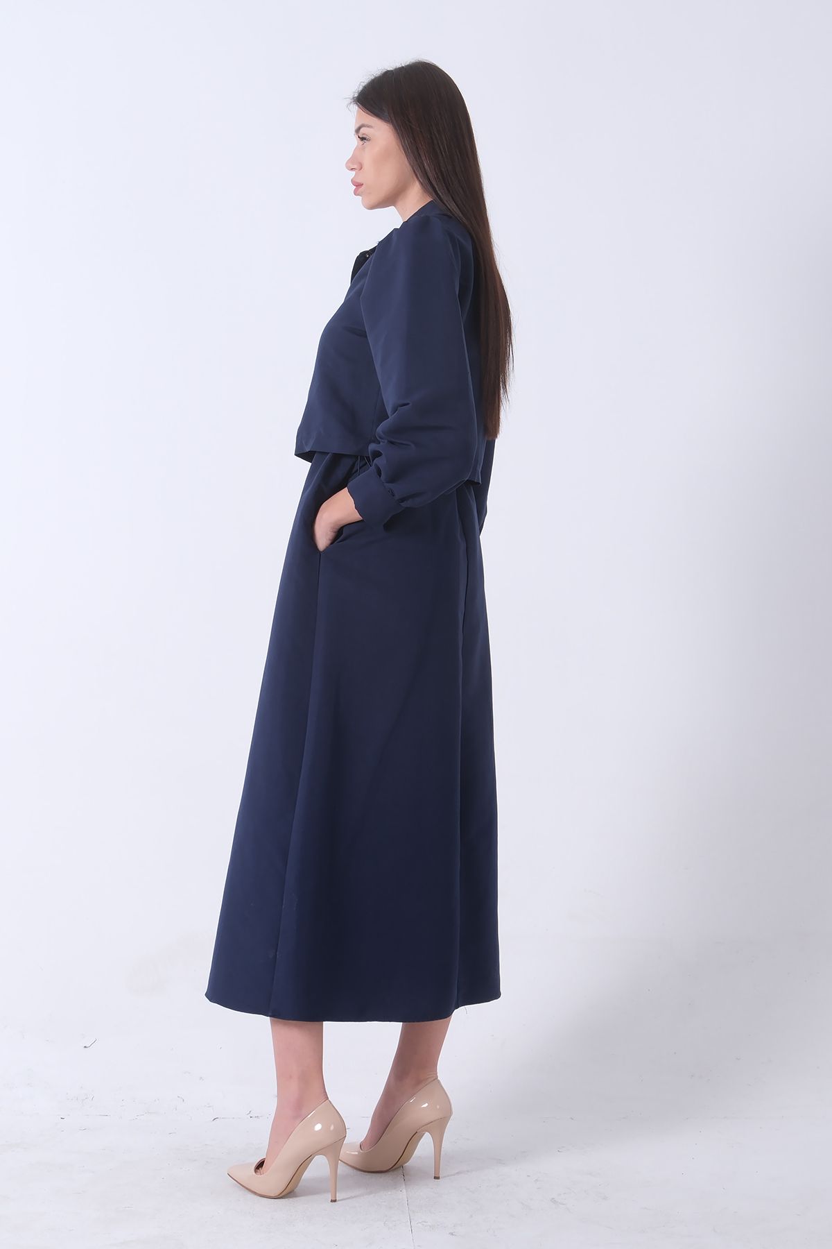 Feminist-Long Hijab Dress with Jacket Detail Navy Blue 4595049 5