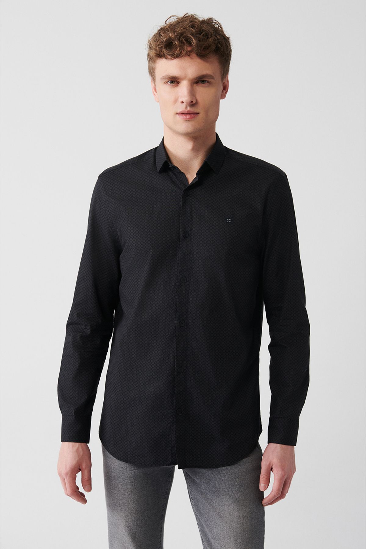 Avva-Men's Anthracite 100% Cotton Printed Shirt A31Y2040 1