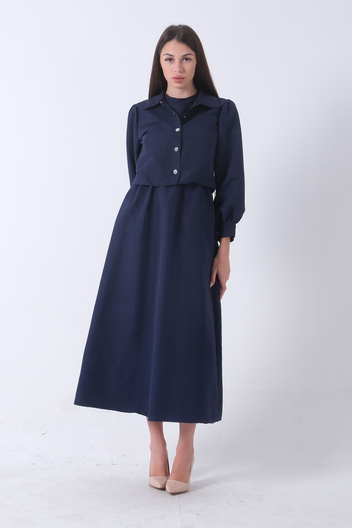 Feminist-Long Hijab Dress with Jacket Detail Navy Blue 4595049 4