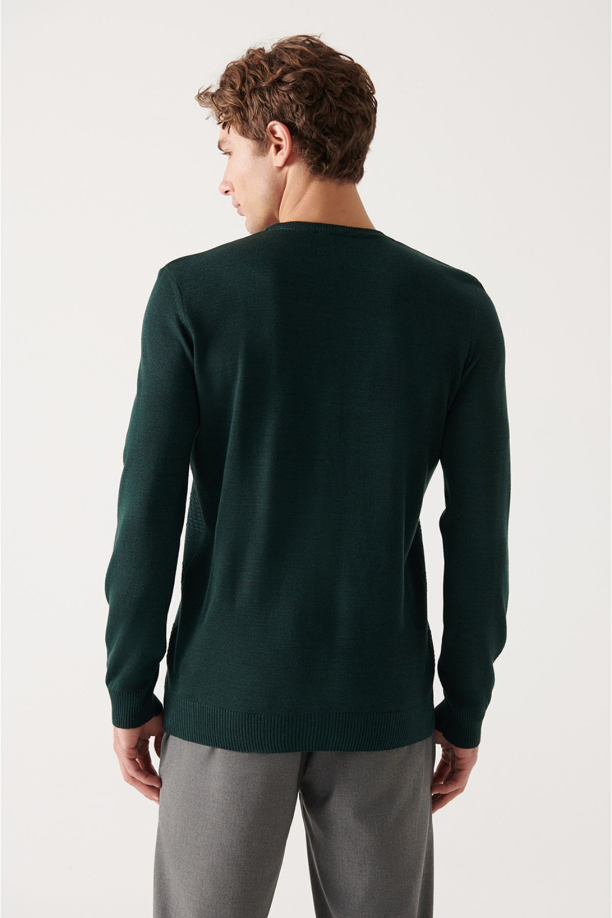 Avva-Men's Green Crew Neck Honeycomb Textured Knitwear Sweater A22Y5073 4