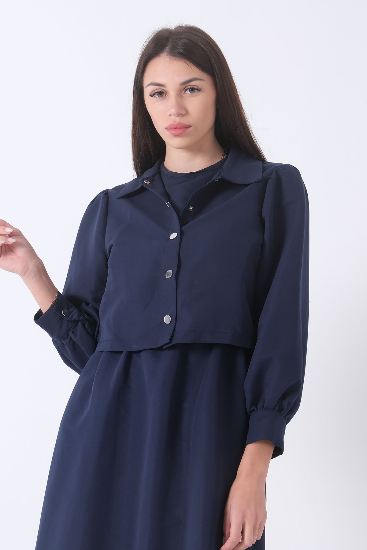 Feminist-Long Hijab Dress with Jacket Detail Navy Blue 4595049 7