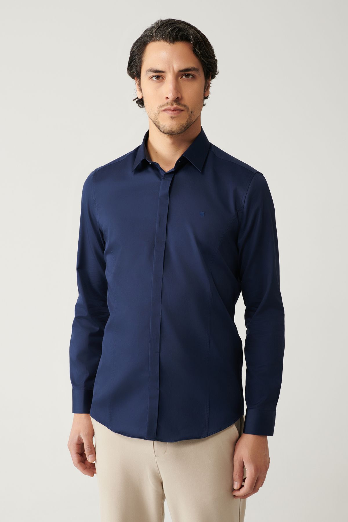 Avva-Men's Navy Blue 100% Cotton Classic Collar Satin Shirt B 002002 1