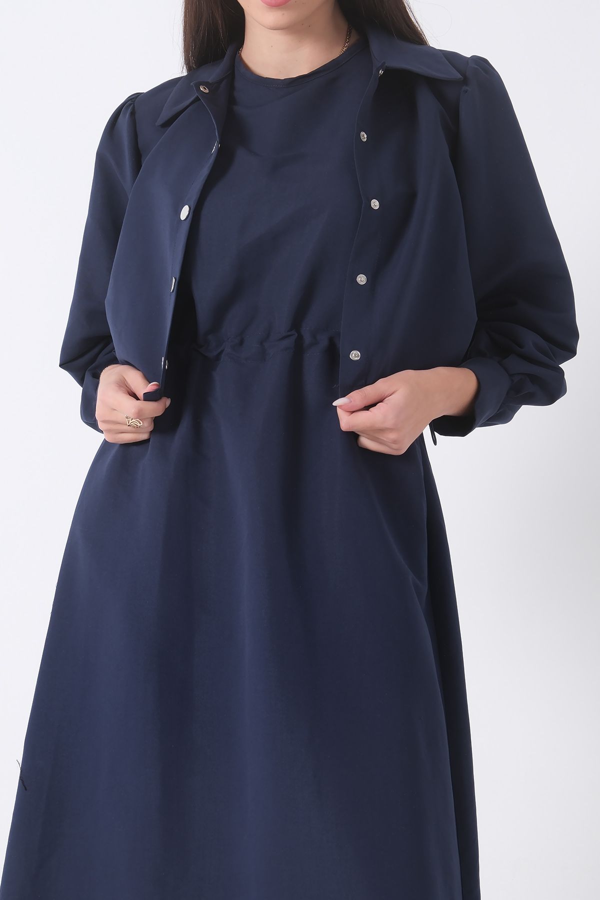 Feminist-Long Hijab Dress with Jacket Detail Navy Blue 4595049 8