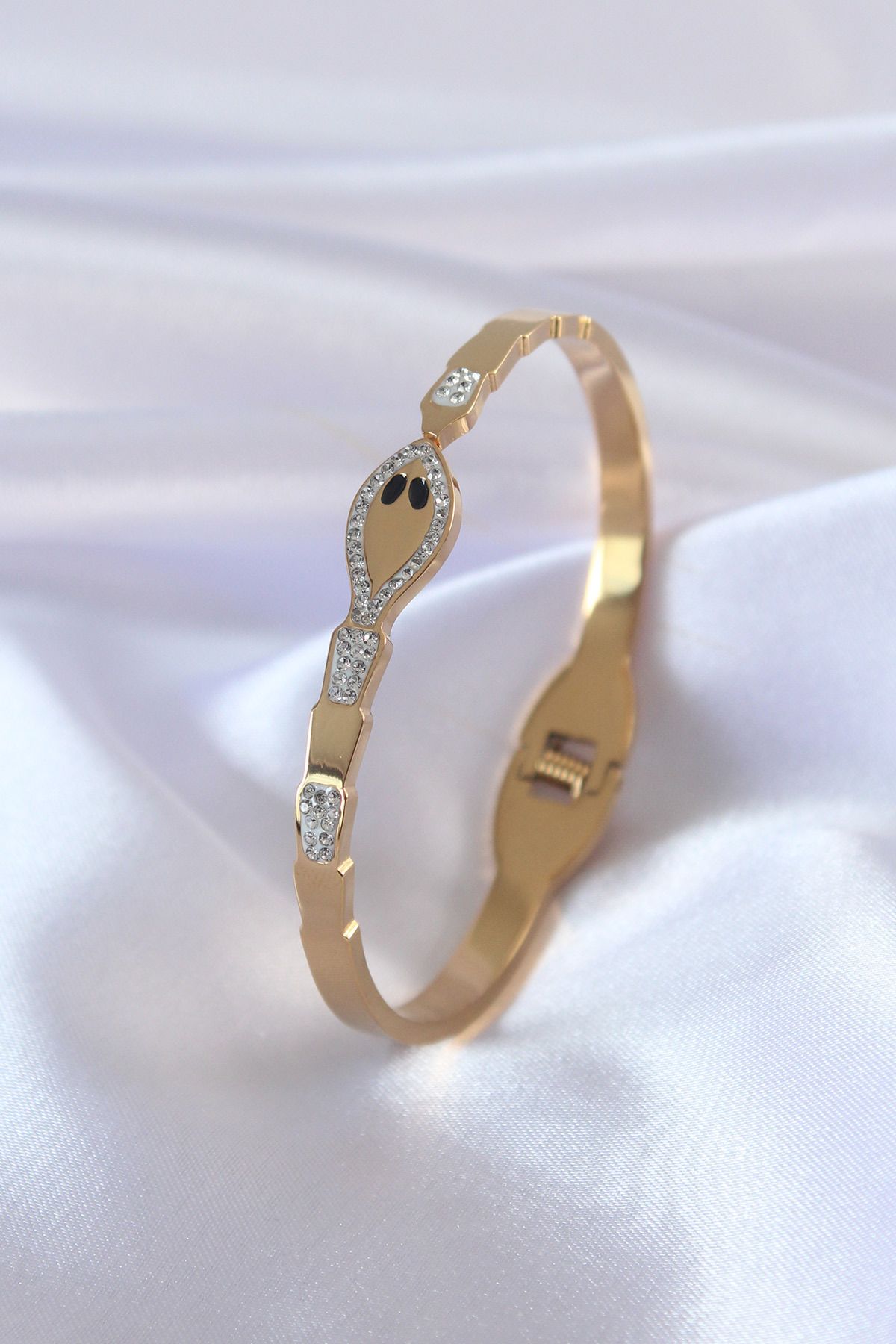 BirdoluSepet 316L Çelik Gold Renk Yılan Model Zirkon Taş Detay Kadın Kelepçe
