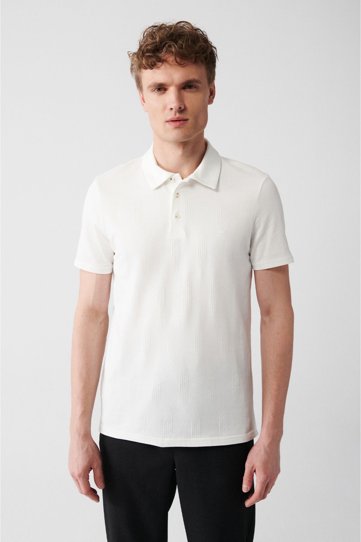 Avva-Tricou pentru bărbați, ecru, jacquard, lycra, cu gât polo A31y1019 1