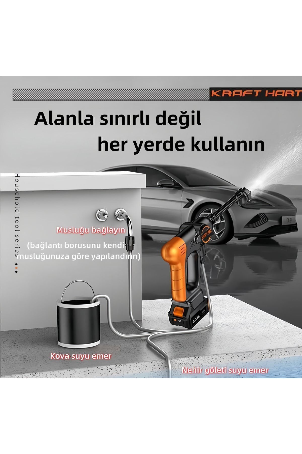 KRAFT HART Çift Akülü Şarjlı Yüksek Basınçlı Oto Araba Bahçe Yıkama ve Temizleme Tabancası Makinesi-turuncu