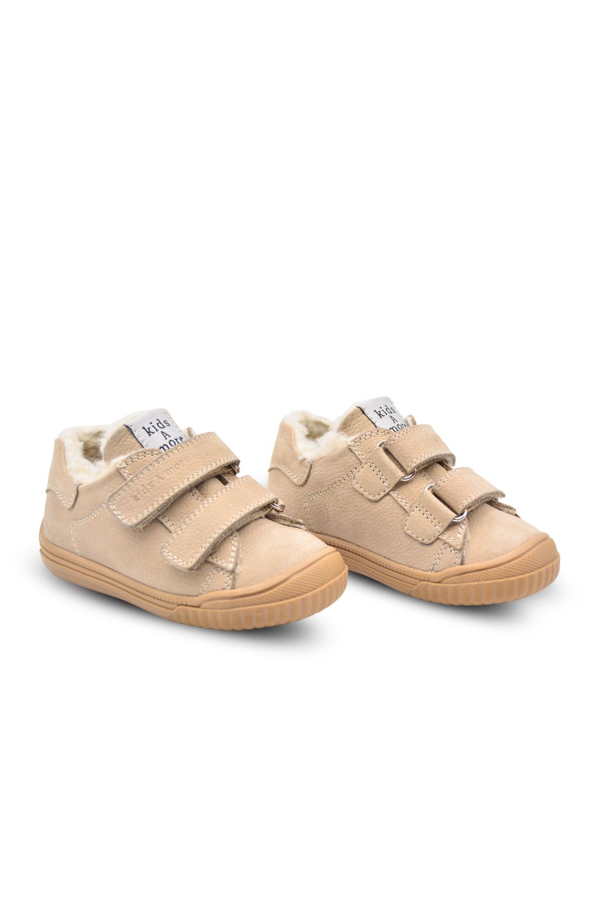 kids A more-Pearl Beige Unisex Shoes - Double Velcro and Fur Leather 5