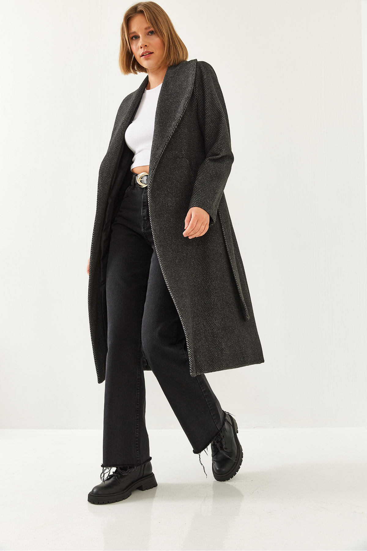 Bianco Lucci  Kadın Kuşaklı Kaşe Kaban 2353 60351083 - Görsel 8