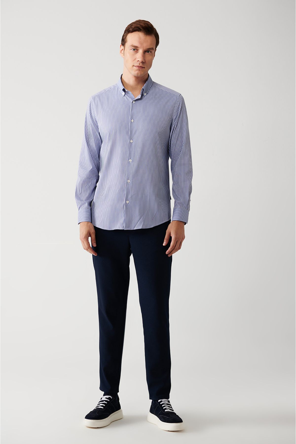 Avva-Men's Navy Blue Striped Non-Wrinkle Travel Shirt A32Y2095 7