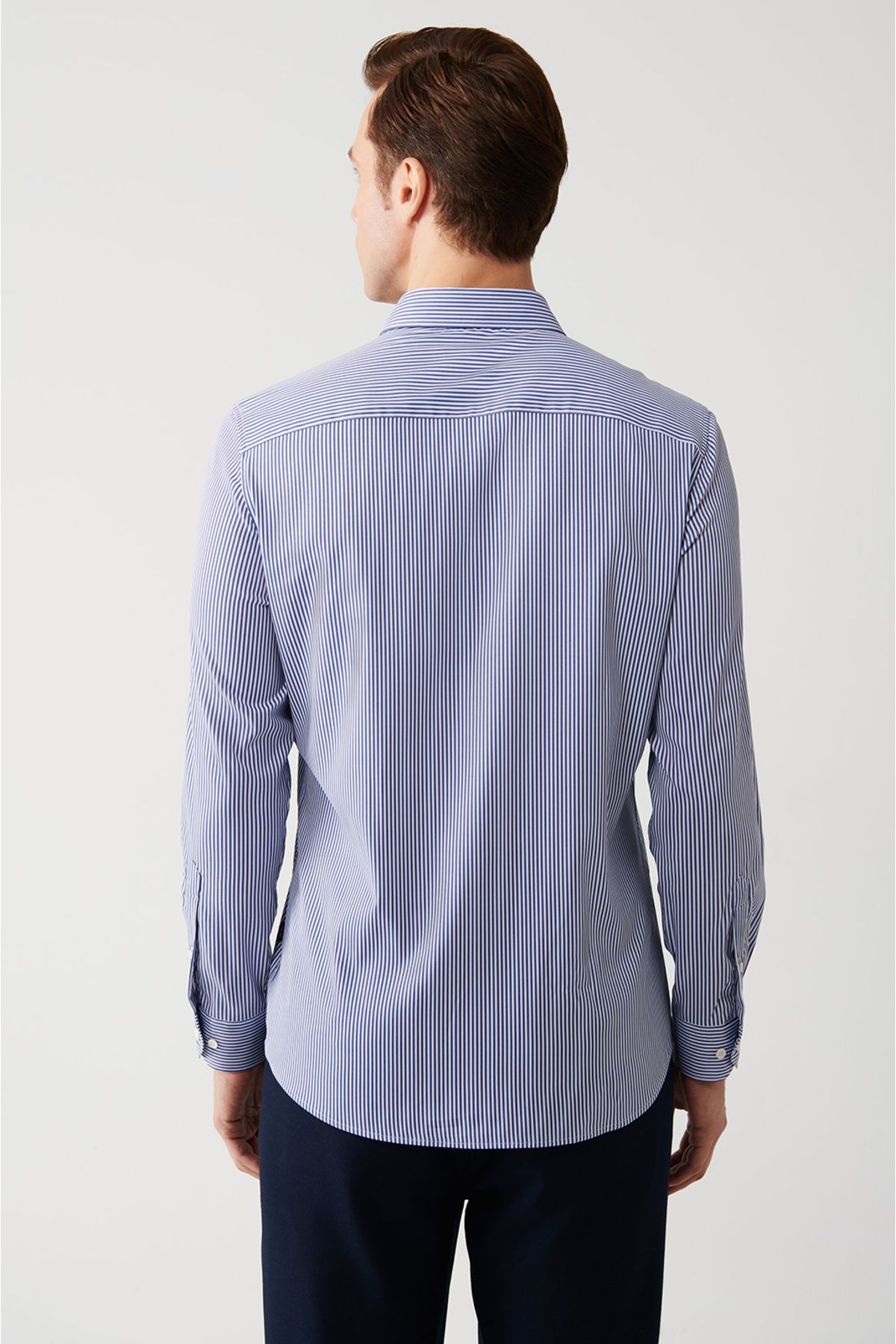 Avva-Men's Navy Blue Striped Non-Wrinkle Travel Shirt A32Y2095 5