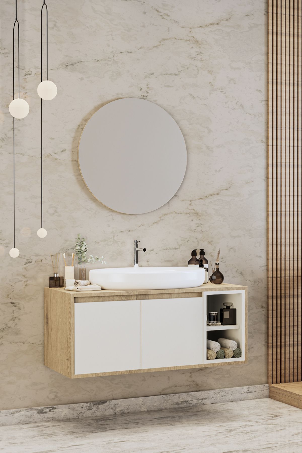 BALNEOM Gül Beyaz Demonte 80 Cm Banyo Dolabı Ayna Lavabo