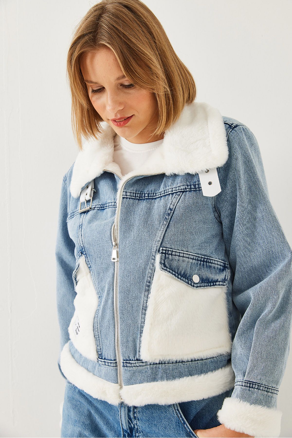 Bianco Lucci-Women's Belt Detailed Furry Denim Coat 2438 60251947 7