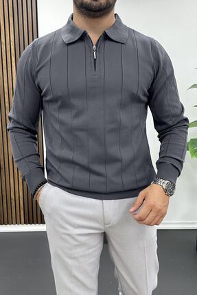 Edwox Erkek Yarım Fermuarlı Polo Yaka Mevsimlik Kazak Füme Edw195