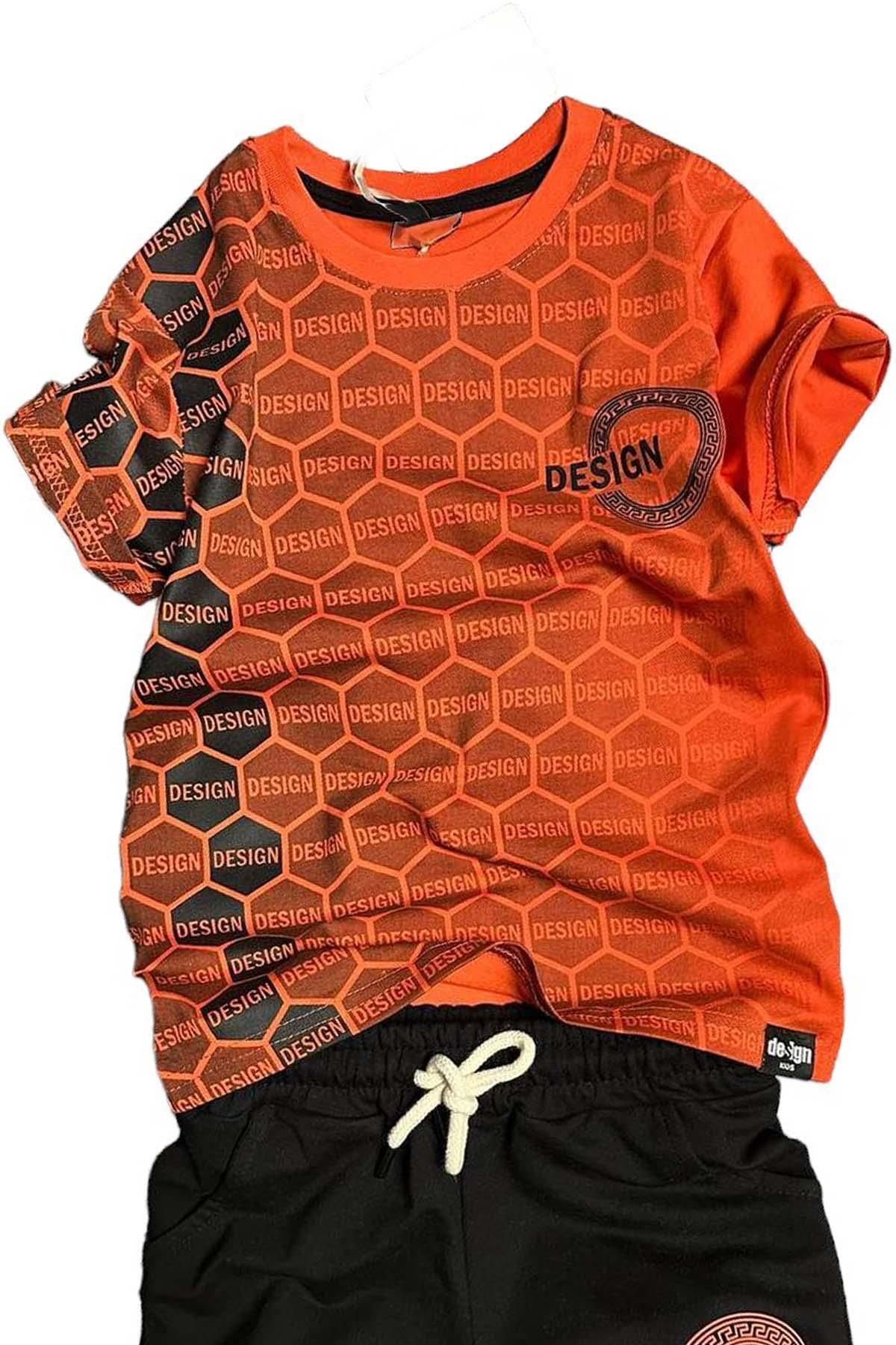 Riccotarz-Boy's Honeycomb Pattern and Design Printed Set with Vermilion Shorts 2