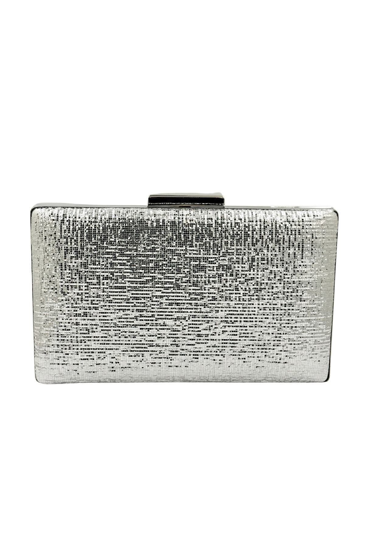 Wedding Fashion Gümüş Lame Renk Parlak İthal Kumaş Clutch Abiye Çanta Portföy Clutch